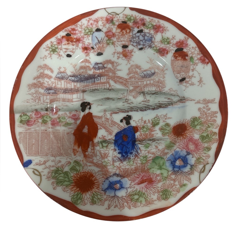 Japanese, Antique, Hand Painted, Geisha Floral, Porcelain Plate, 7” Diameter